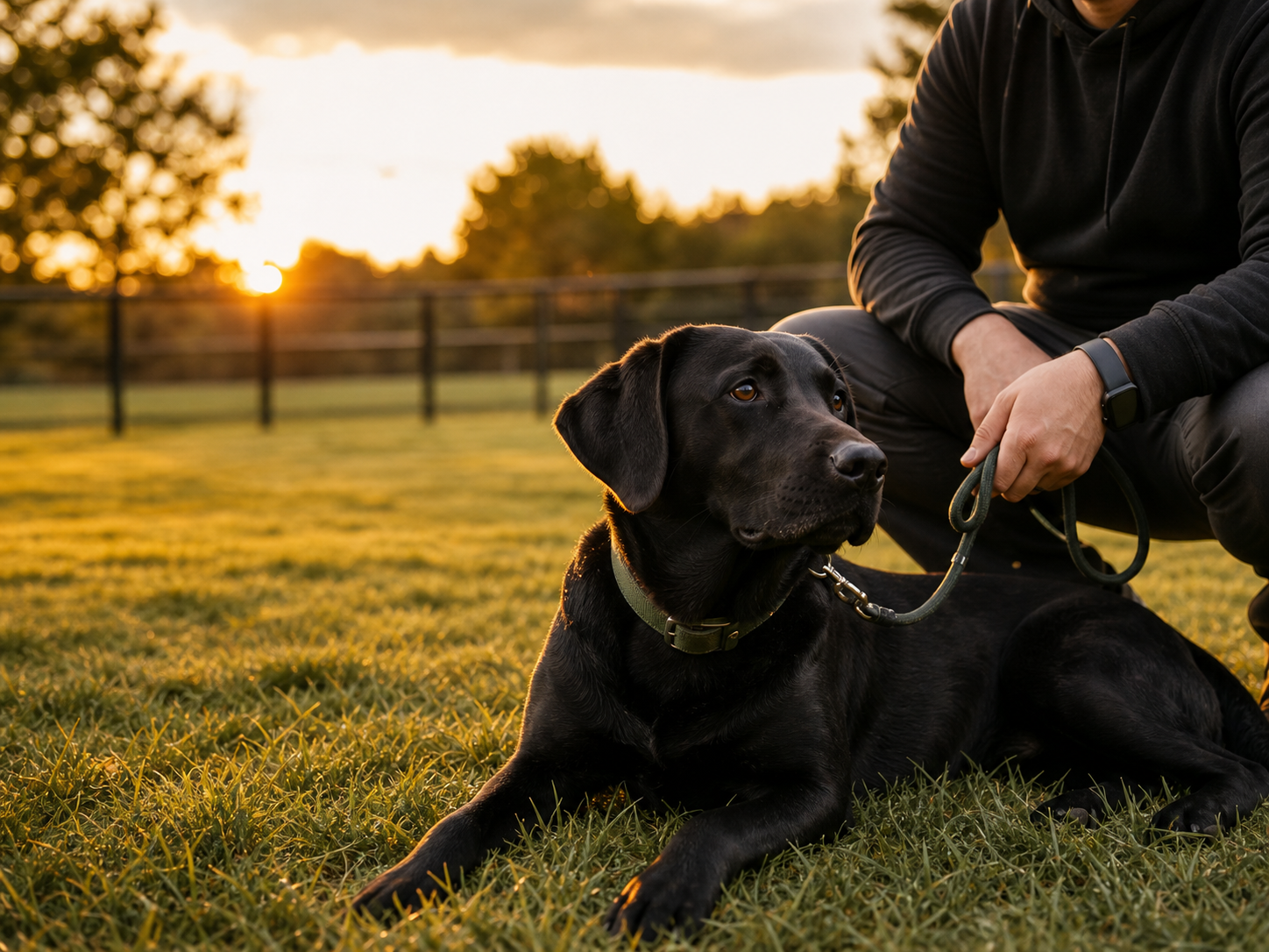 Chien calme accompagné par son éducateur